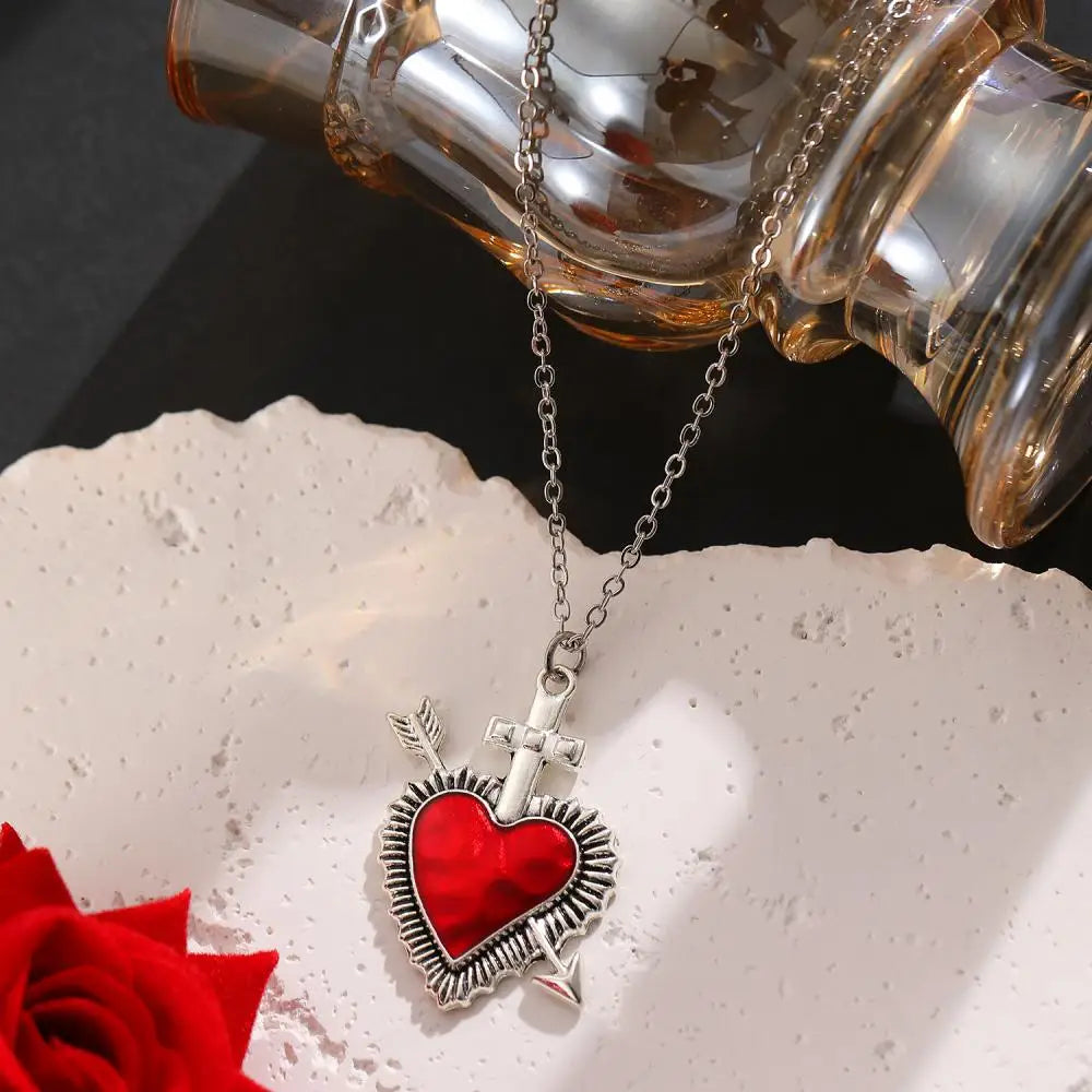 New Heart and Sword Necklace Punk Vintage Red Crystal Heart Couple Necklaces for Women Men Boyfriend Girlfriend Gifts