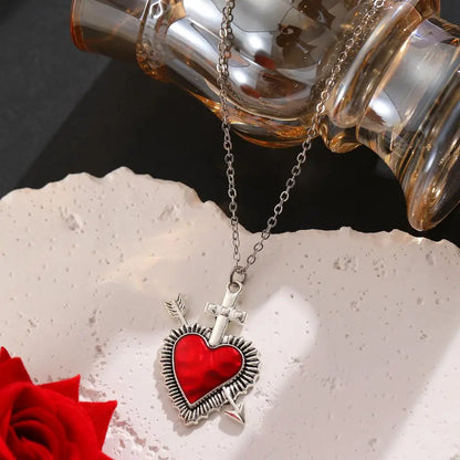 New Heart and Sword Necklace Punk Vintage Red Crystal Heart Couple Necklaces for Women Men Boyfriend Girlfriend Gifts