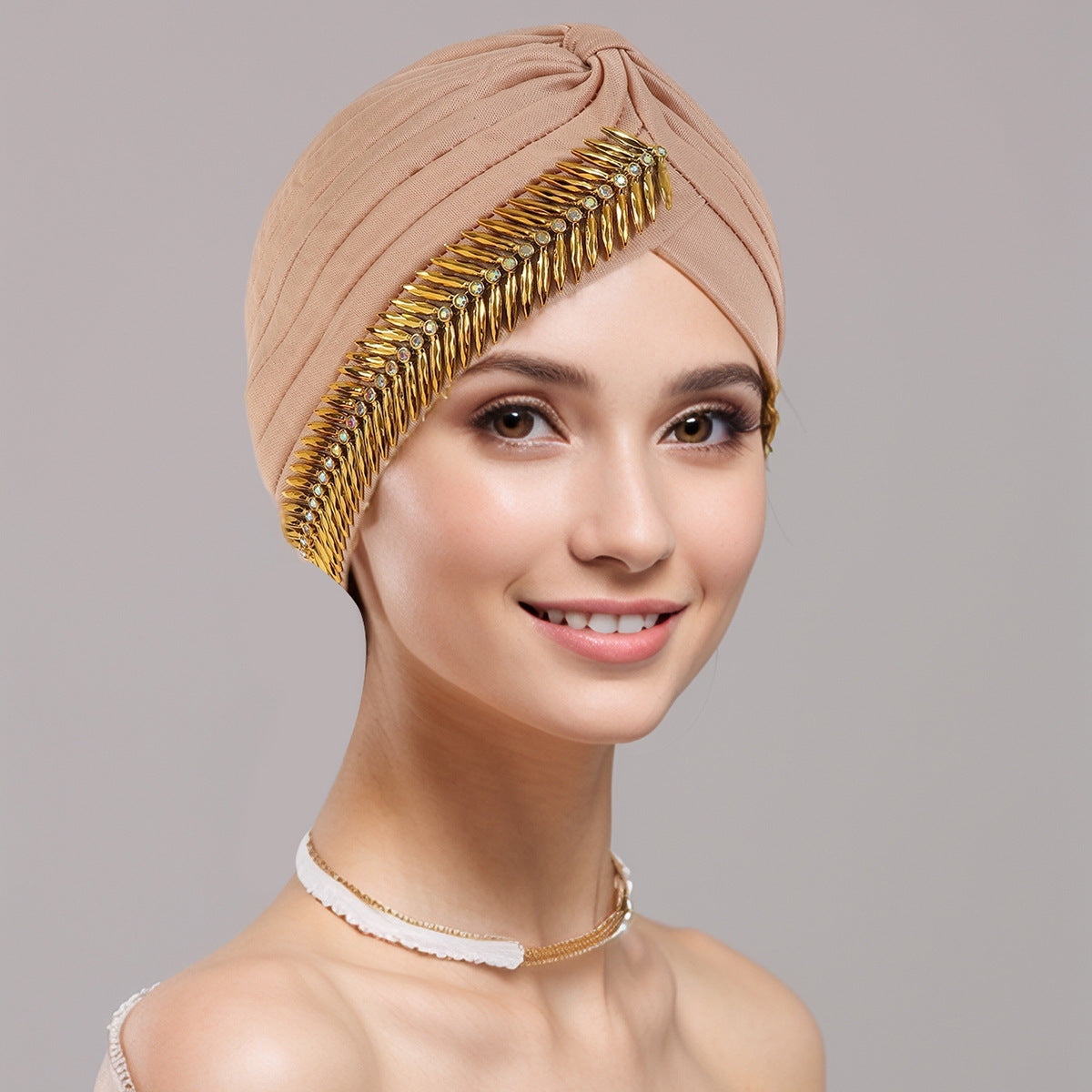 Rhinestone Turban Cap For Women Pleated Elastic Head Wrap Stylish