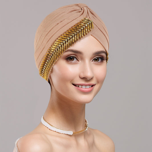 Rhinestone Turban Cap For Women Pleated Elastic Head Wrap Stylish