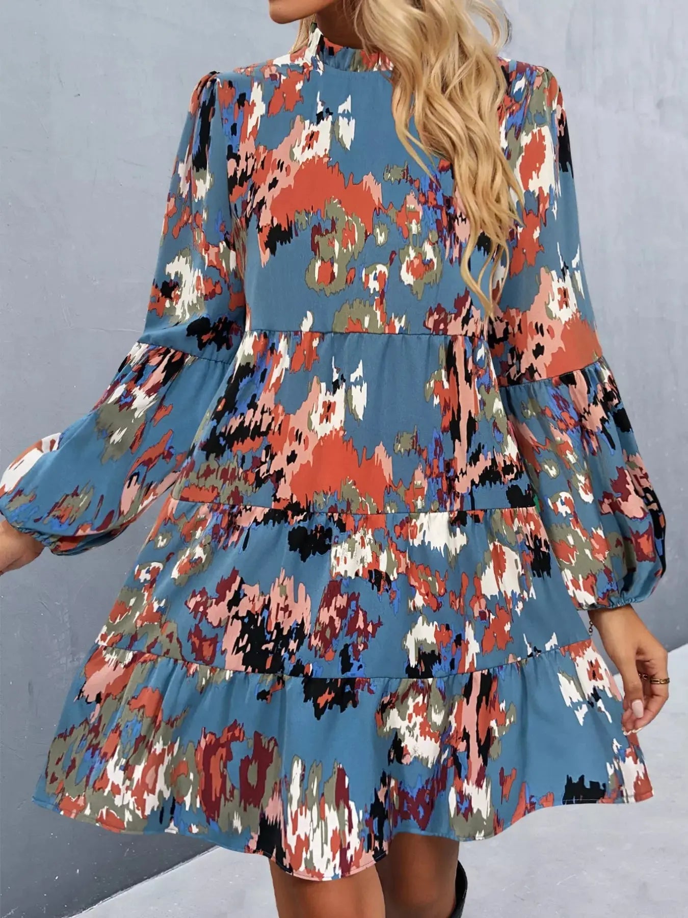 Printed Balloon Sleeve Mini Dress Trendsi