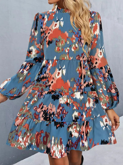 Printed Balloon Sleeve Mini Dress Trendsi