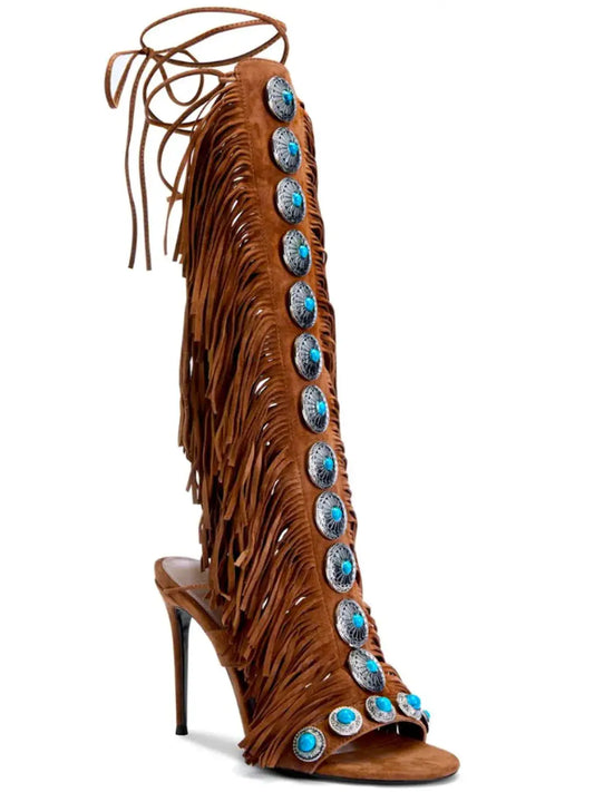 Fringe Lace Up High Heel Sandal Trendsi