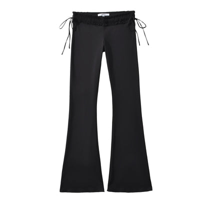 Black low waisted pleated lace flared pants for women