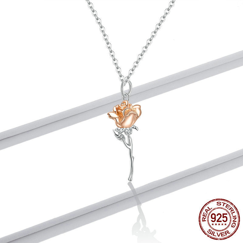 925 Sterling Silver Rose Flower Pendant Necklace - Two Tone Gold & Silver Romantic Jewelry for Women