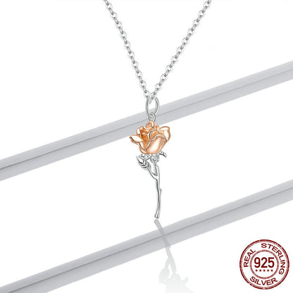 925 Sterling Silver Rose Flower Pendant Necklace - Two Tone Gold & Silver Romantic Jewelry for Women