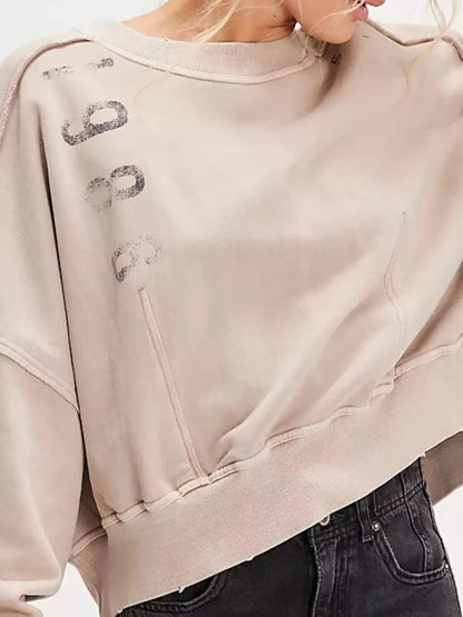 Printed Round Neck Dropped Shoulder Sweatshirt Trendsi