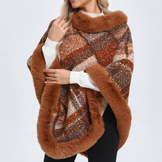 Big Fur Collar Cloak Mid-length Batwing Sleeve Pullover Classic Plaid Shawl