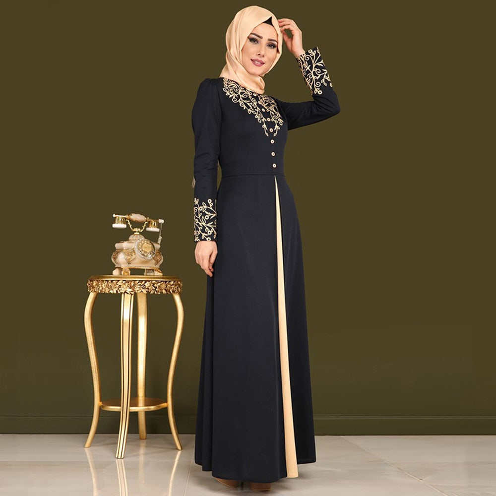 Dubai kaftan black abaya with gold embroidered details front view