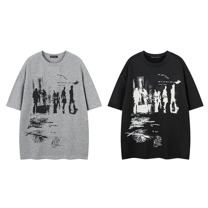 Retro Print Loose T-Shirt Men Short Sleeve
