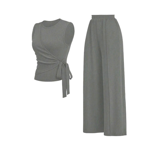 Women's Waist Tie Design Round Neckp with High Waist Casual Straight Leg Pants Two-Piece Set