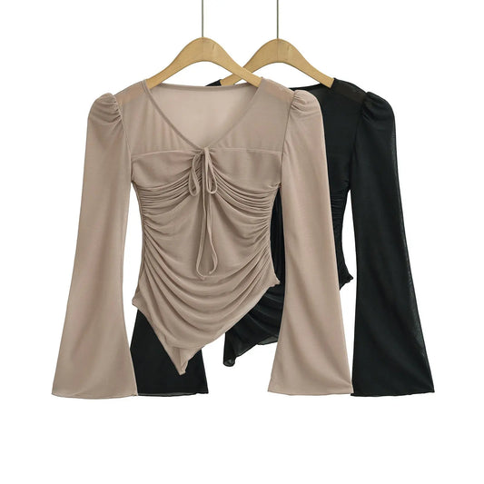 V-neck pleated lace up top eprolo
