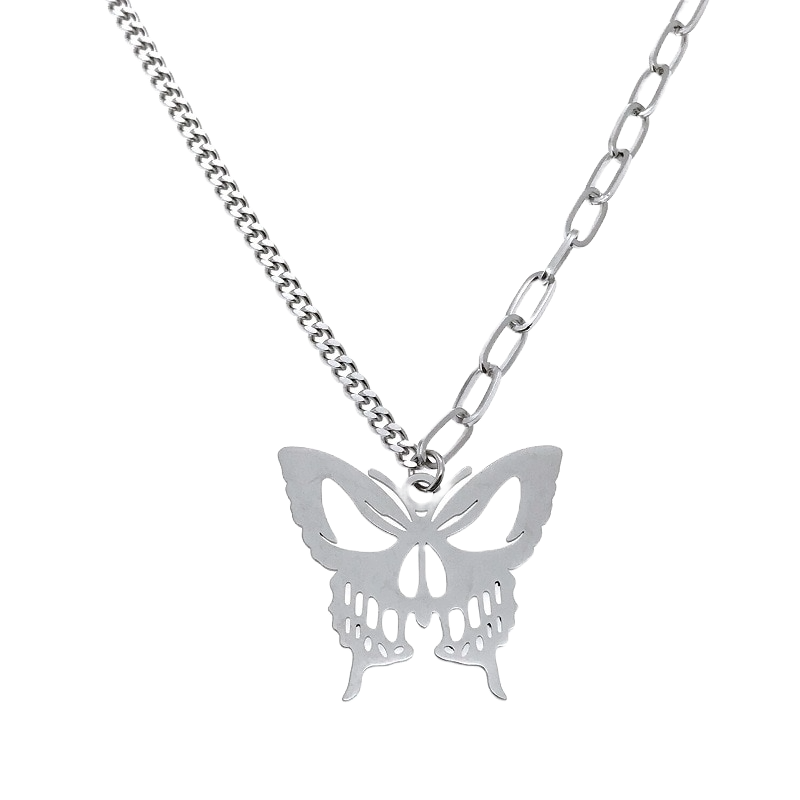 Gothic silver butterfly pendant necklace with chain full view jewelry for unisex"