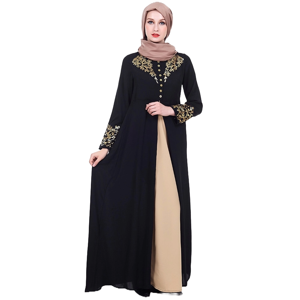 Dubai style black kaftan full length view with gold embroidery