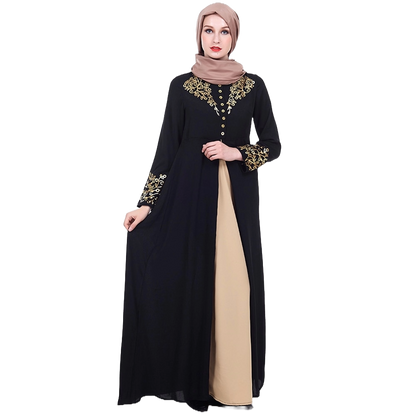Dubai style black kaftan full length view with gold embroidery