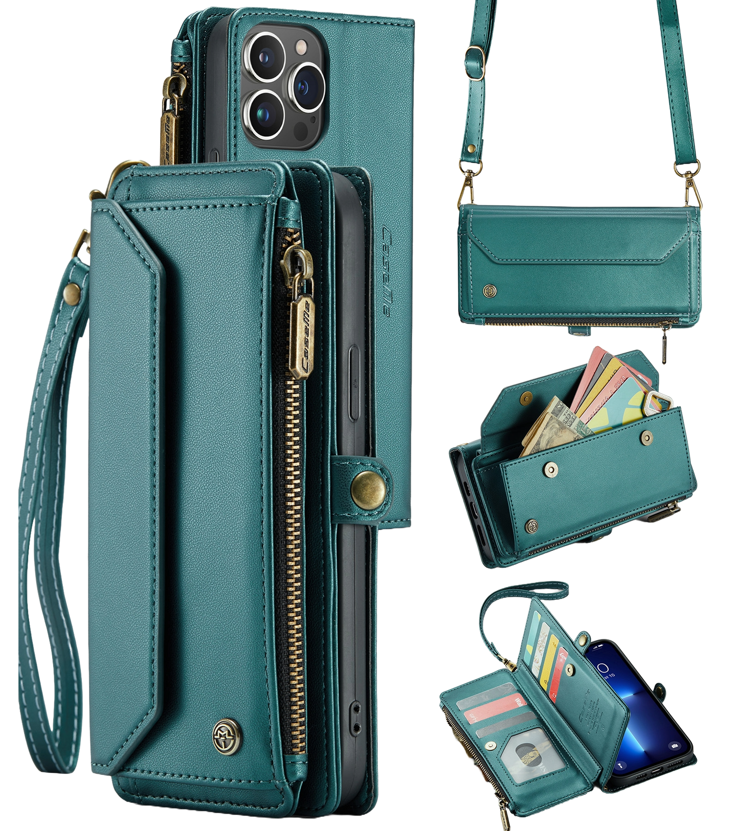 Leather Mobile phone wallet for women in teal blue with magnetic closure and card compartments