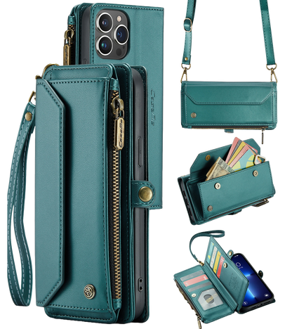 Leather Mobile phone wallet for women in teal blue with magnetic closure and card compartments