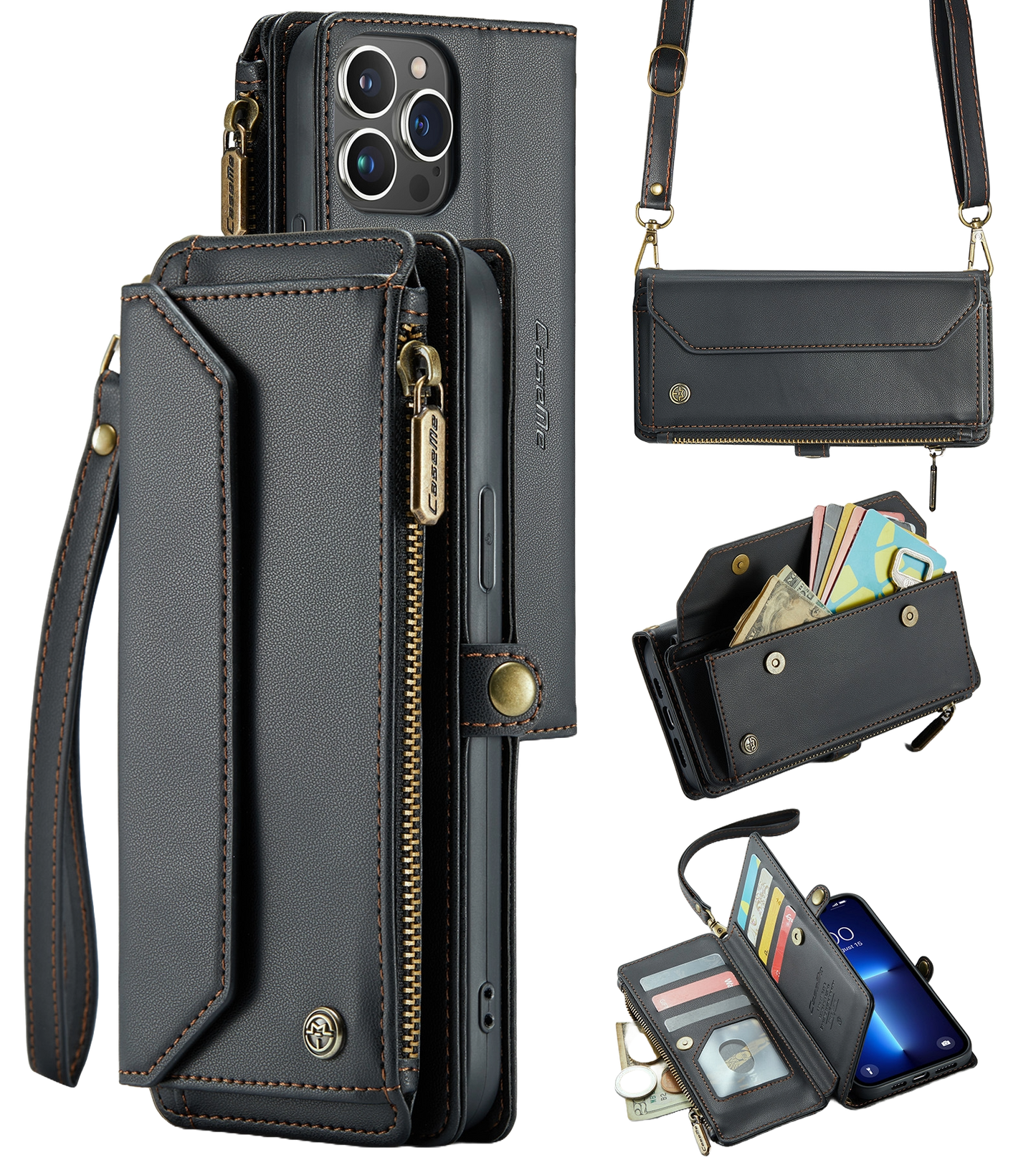 Leather Mobile phone wallet for women in black with multiple card slots and cash compartments