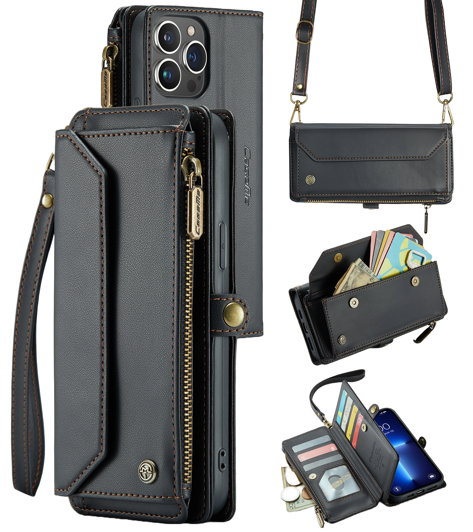 Leather Mobile phone wallet for women in black with multiple card slots and cash compartments