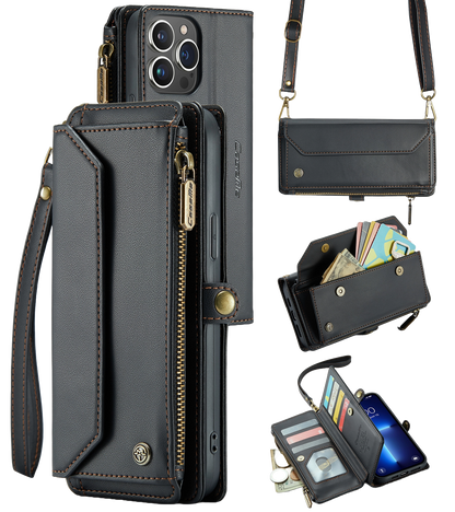 Leather Mobile phone wallet for women in black with multiple card slots and cash compartments