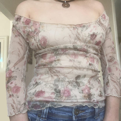 Square collar printed mesh top slim fit T-shirt