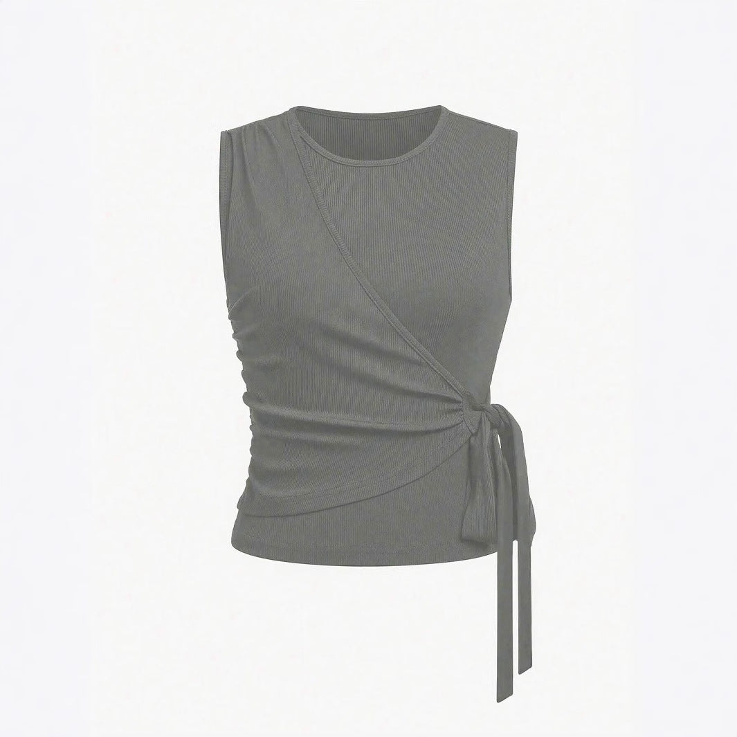 Women's Waist Tie Design Round Neckp with High Waist Casual Straight Leg Pants Two-Piece Set