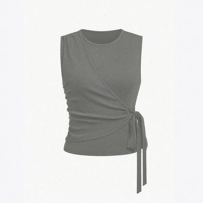 Women's Waist Tie Design Round Neckp with High Waist Casual Straight Leg Pants Two-Piece Set