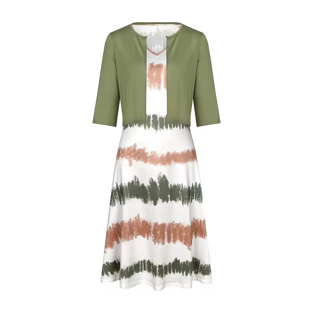 Long Dress A-line Pure Color Cardigan Top Two-piece Set