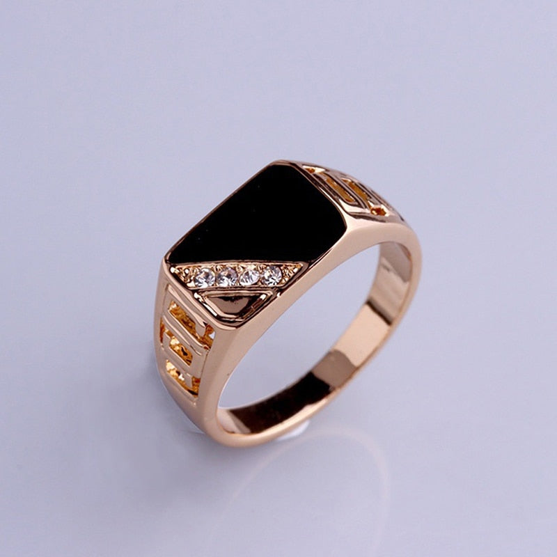 Fashion Male Jewelry Classic Gold Color Rhinestone Wedding Ring Black Enamel Rings For Men Christmas Party Gift