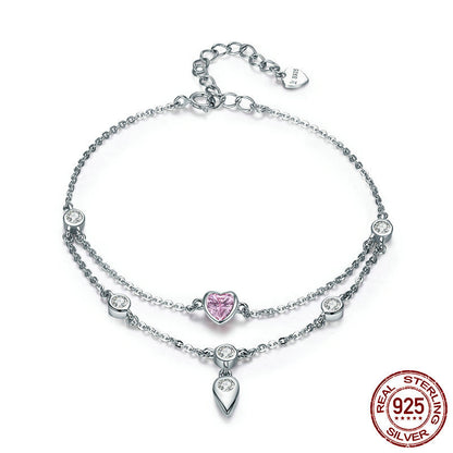 925 Sterling Silver Heart Charm Bracelet with Purple Crystal - Adjustable Chain Bracelet for Women