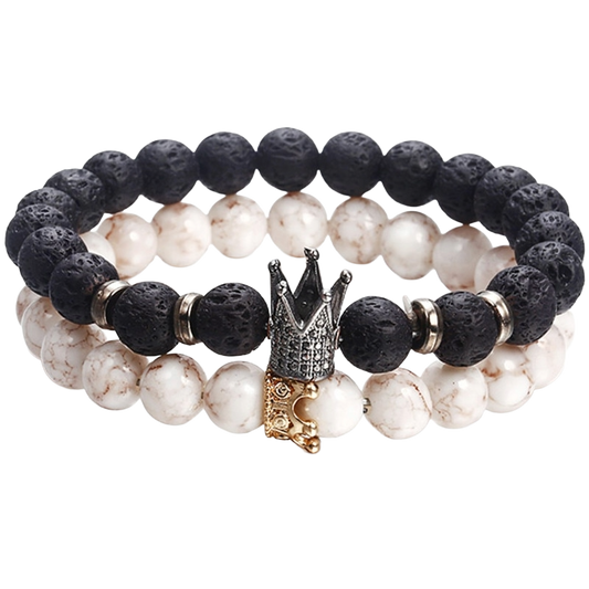 Beaded Charm Bracelet Classic Bangle Women Girls featuring intricate black and white beads with a crown charm.