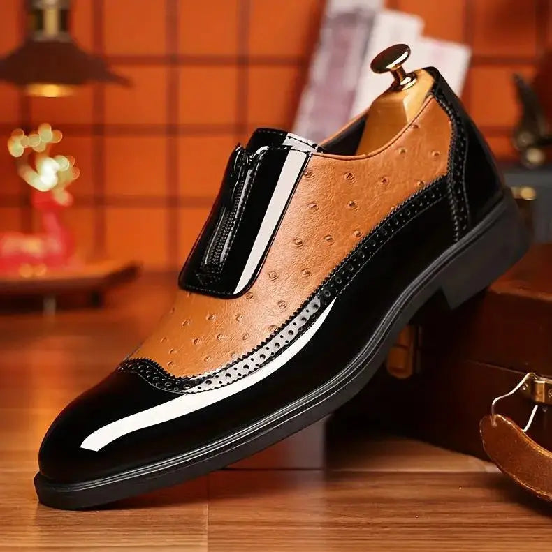 Embossed zipper pointed men's shiny leather Chelsea men's single shoes eprolo