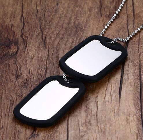 Dog Tag Pendant Necklace featuring a sleek black design with mirrored surface on a silver ball chain.