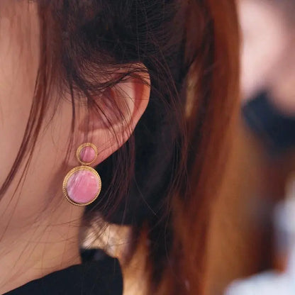 Three-dimensional craft design inlaid pink enamel round earrings temperament exquisite charm ladies jewelry accessories eprolo