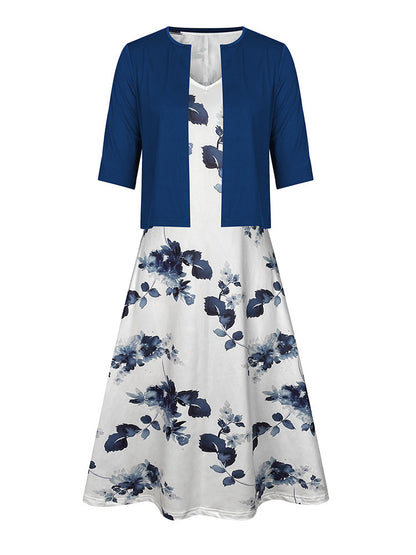Elegant Two-Piece Set for Women Short-Sleeve Casual Summer Jacket with Printed Dress