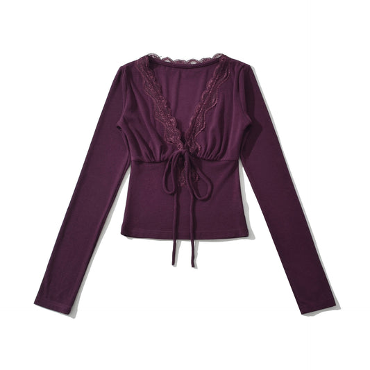 Sexy lace V-neck strap patchwork top T-shirt