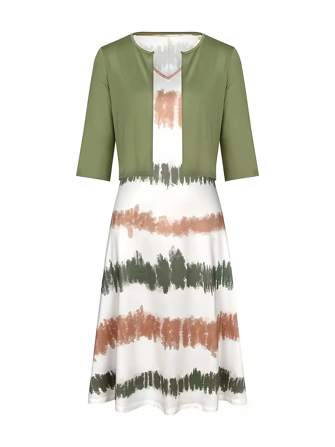 Long Dress A-line Pure Color Cardigan Top Two-piece Set