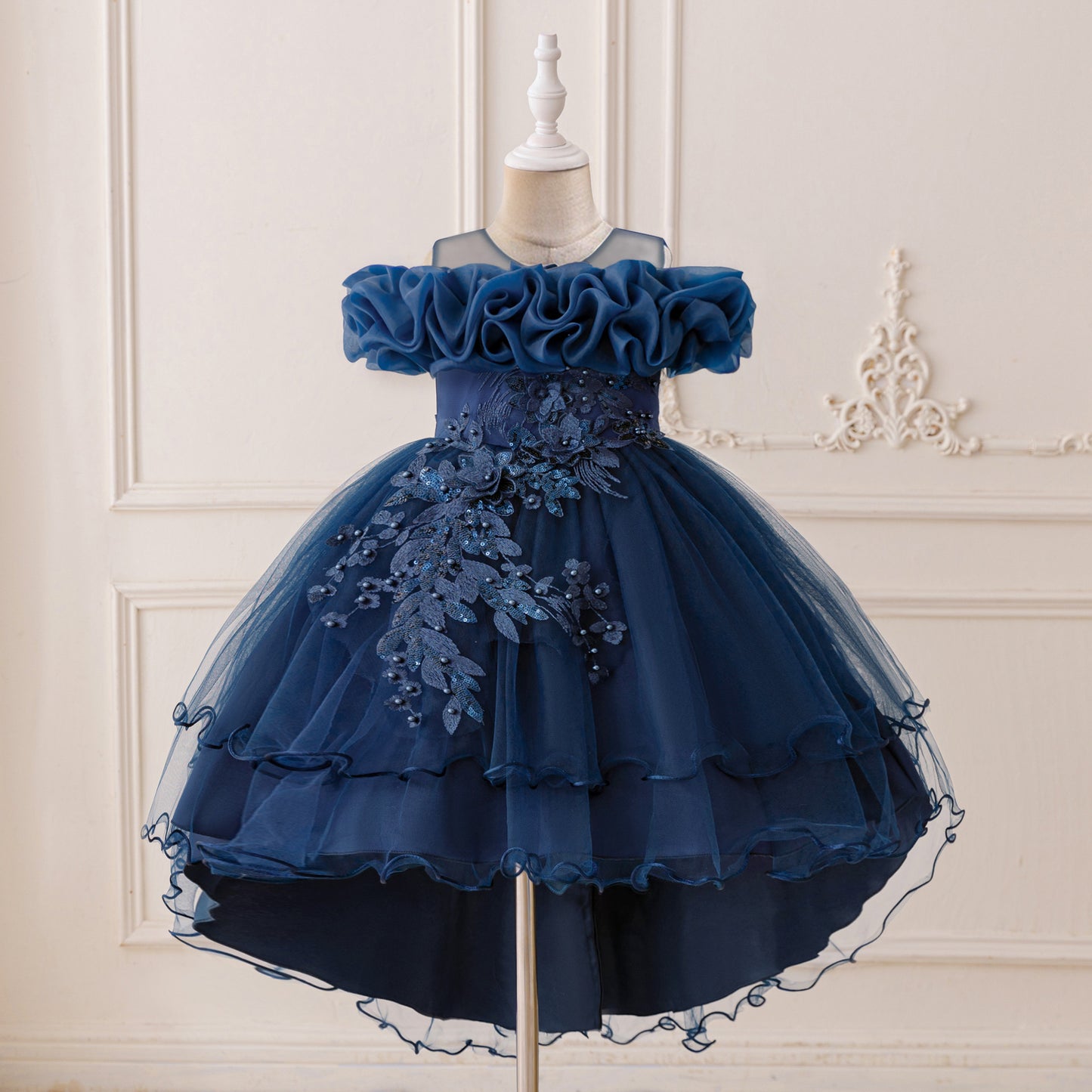 Children's Formal Dress with Train, Flower Girl Wedding Gown, Princess Tutu Tulle Dress, One-Shoulder Evening Gown