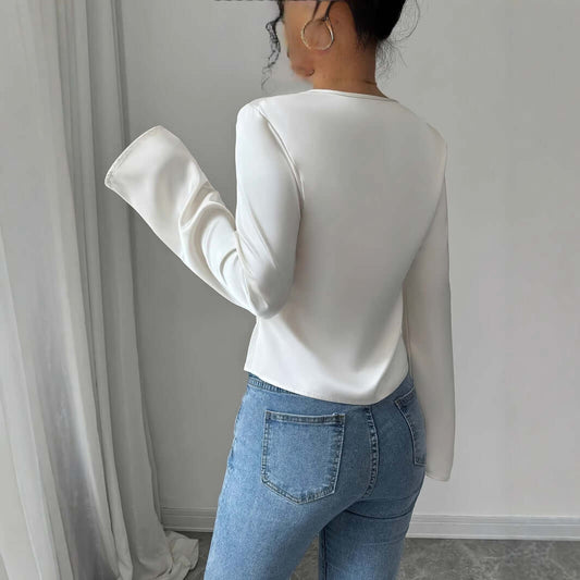 V-Neck Pleated Flare Sleeve Blouse for Women