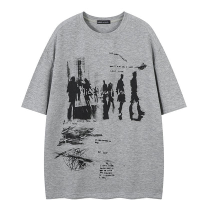 Retro Print Loose T-Shirt Men Short Sleeve