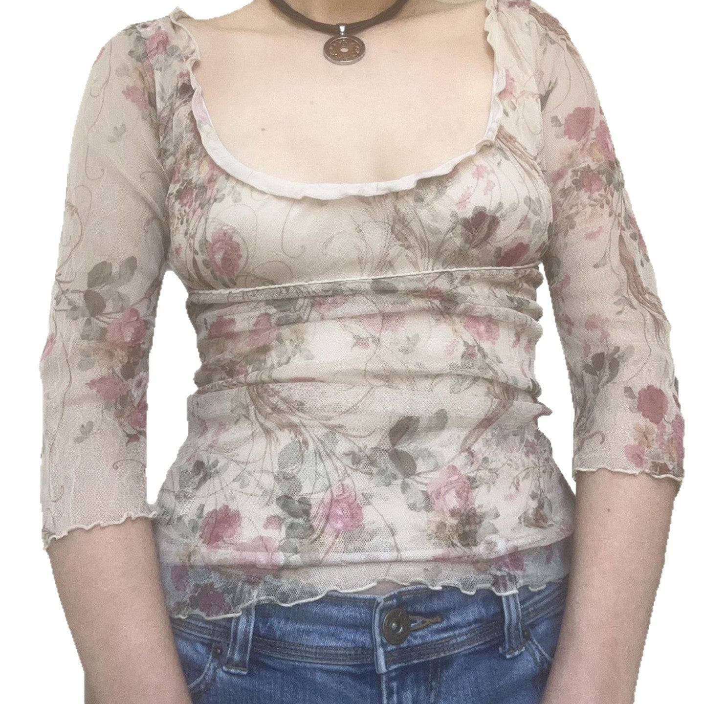 Square collar printed mesh top slim fit T-shirt