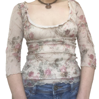 Square collar printed mesh top slim fit T-shirt