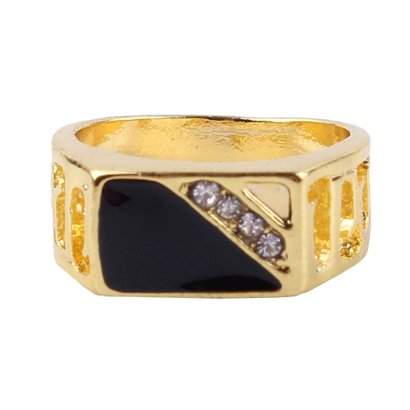 Fashion Male Jewelry Classic Gold Color Rhinestone Wedding Ring Black Enamel Rings For Men Christmas Party Gift