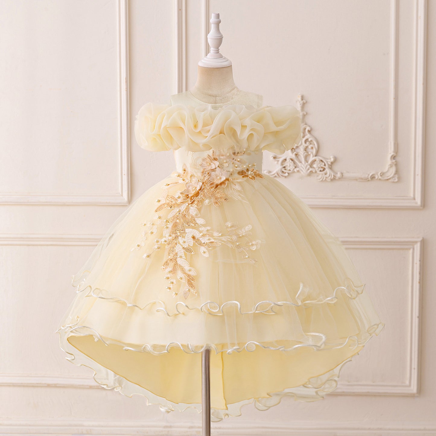 Children's Formal Dress with Train, Flower Girl Wedding Gown, Princess Tutu Tulle Dress, One-Shoulder Evening Gown