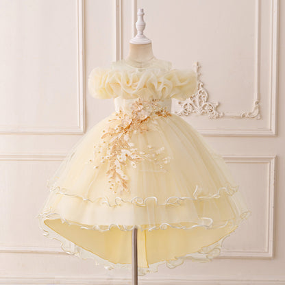 Children's Formal Dress with Train, Flower Girl Wedding Gown, Princess Tutu Tulle Dress, One-Shoulder Evening Gown