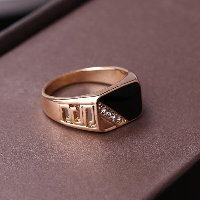 Fashion Male Jewelry Classic Gold Color Rhinestone Wedding Ring Black Enamel Rings For Men Christmas Party Gift
