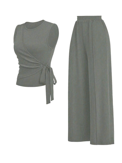 Women's Waist Tie Design Round Neckp with High Waist Casual Straight Leg Pants Two-Piece Set