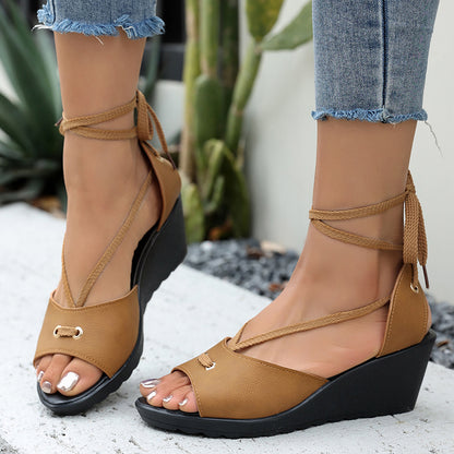 Plus size beige wedge sandals with ankle strap for women"