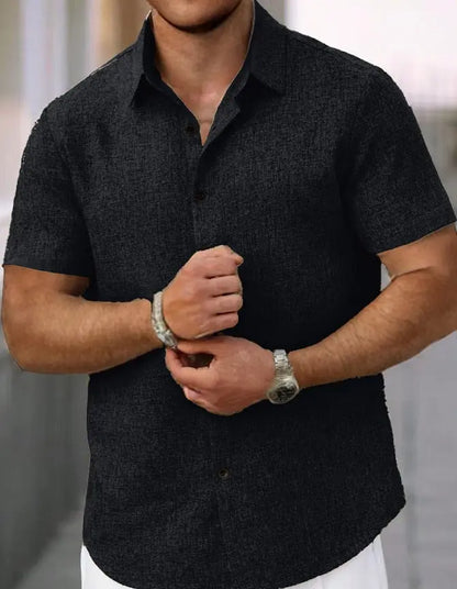 Men's Lapel Cotton And Linen Stripes Jacquard Loose Casual Shirt Easy Bazaar