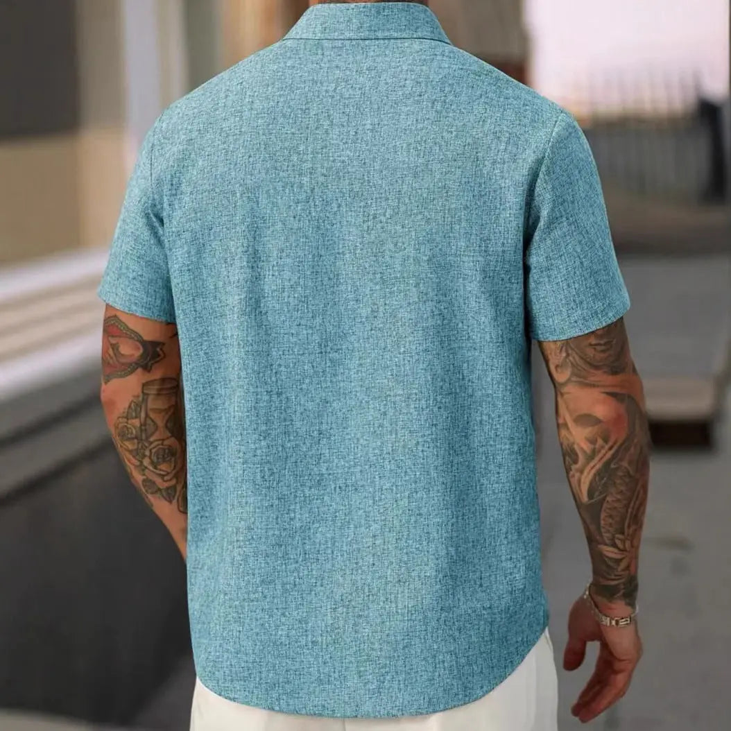 Men's Lapel Cotton And Linen Stripes Jacquard Loose Casual Shirt Easy Bazaar